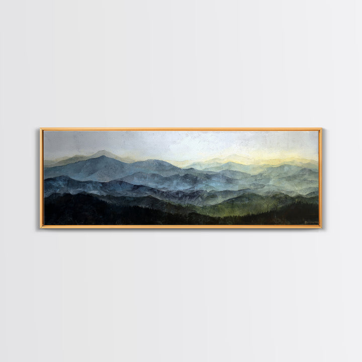 Black Ink Mountain Range Framed Canvas Print, Black and White Art, Large Wall Art, Living Room Decor, Fine Art, Monochrome, BAW-3x1-18
