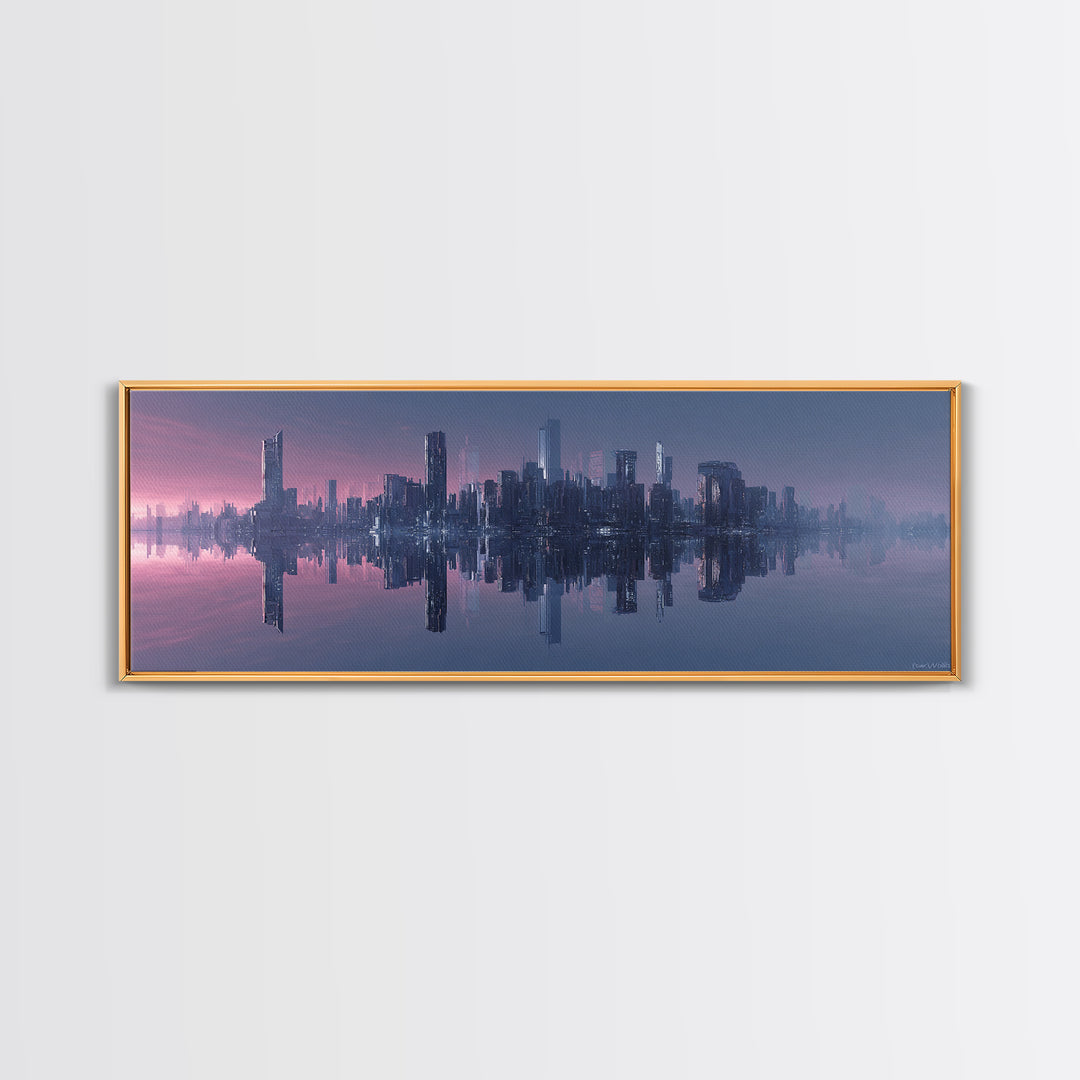 Monochrome City Skyline Reflected Canvas Print, Black and White Art, Textured Painting, Living Room Decor, Monochrome, BAW-3x1-27