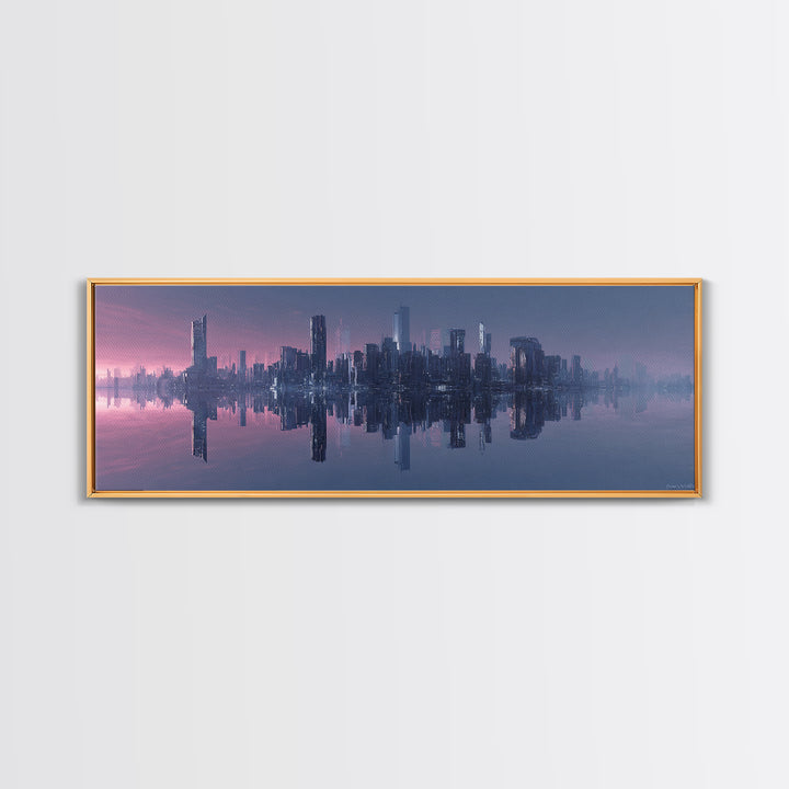 Monochrome City Skyline Reflected Canvas Print, Black and White Art, Textured Painting, Living Room Decor, Monochrome, BAW-3x1-27