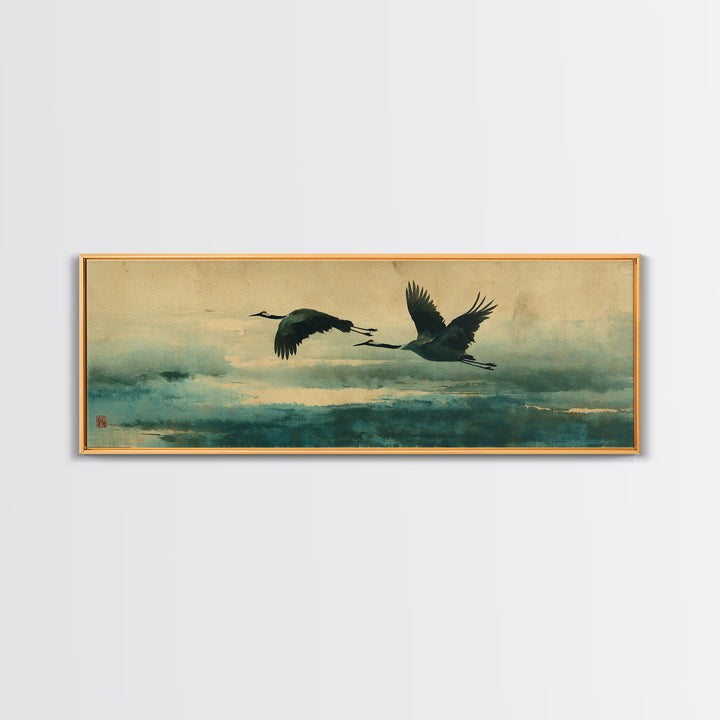 Black Ink Crane Flying Across Empty Sky Canvas Print, Black and White Art, Modern Wall Art, Living Room Decor, Oil Painting, BAW-3x1-29