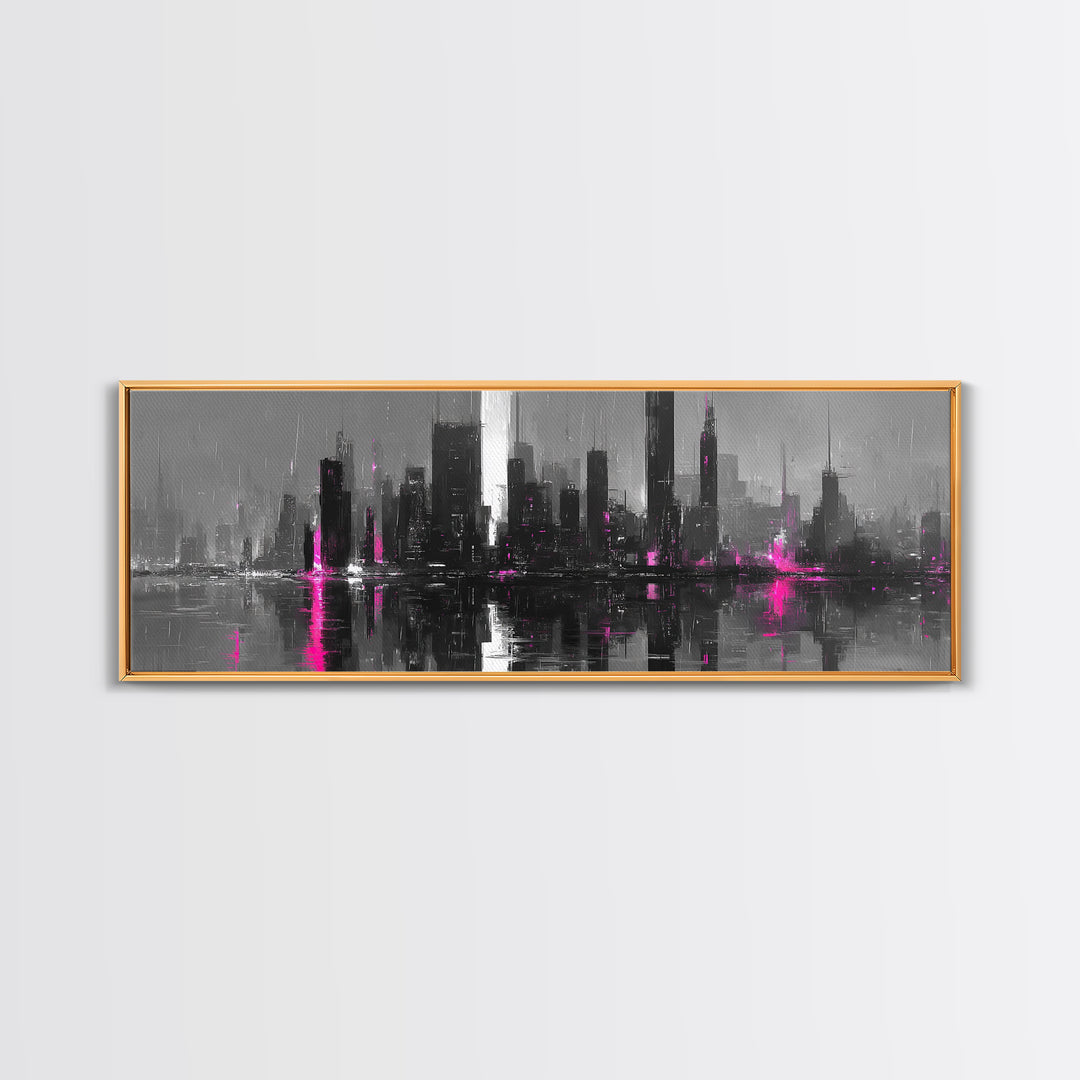 Monochrome City Skyline Reflected Canvas Print, Black and White Art, Fine Art Print, Living Room Decor, Abstract Art, BAW-3x1-3