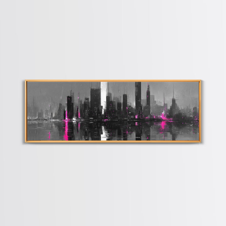 Monochrome City Skyline Reflected Canvas Print, Black and White Art, Fine Art Print, Living Room Decor, Abstract Art, BAW-3x1-3