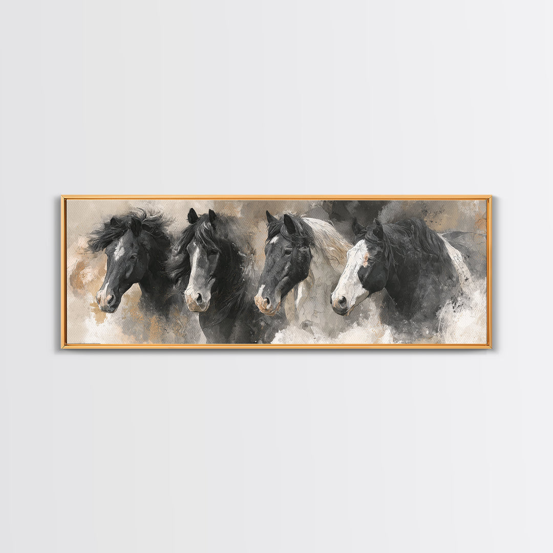 Black and White Wild Horse Portrait Canvas Print, Black and White Art, Photography Prints, Living Room Decor, Monochrome, BAW-3x1-45