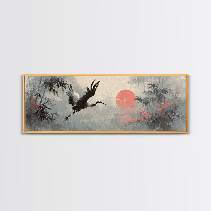 Black Ink Crane Flying Across Empty Sky Canvas Print, Black and White Art, Abstract Art, Living Room Decor, Monochrome, BAW-3x1-5