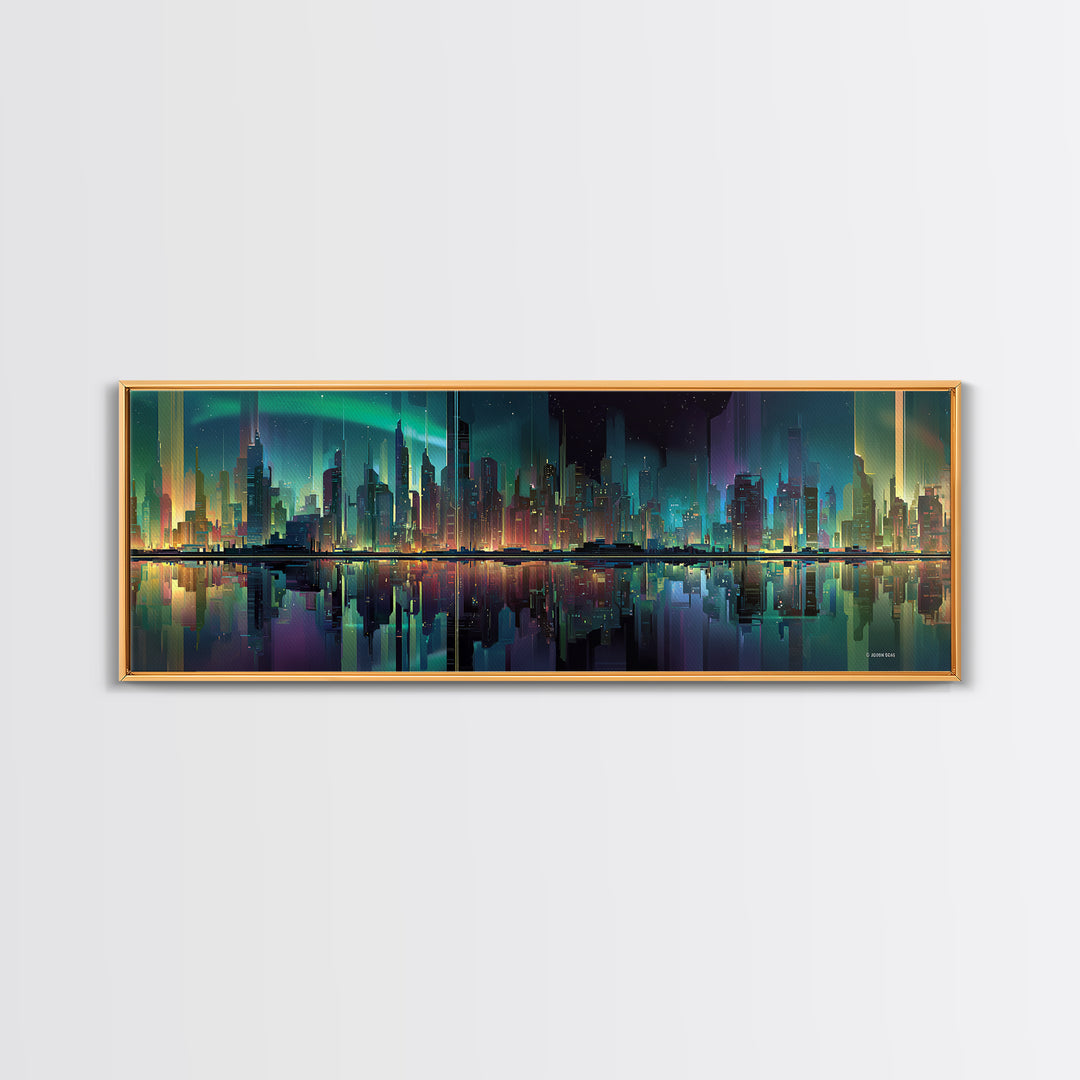 Monochrome City Skyline Reflected Framed Canvas Print, Black and White Art, Art Print, Living Room Decor, Fine Art, Monochrome, BAW-3x1-51
