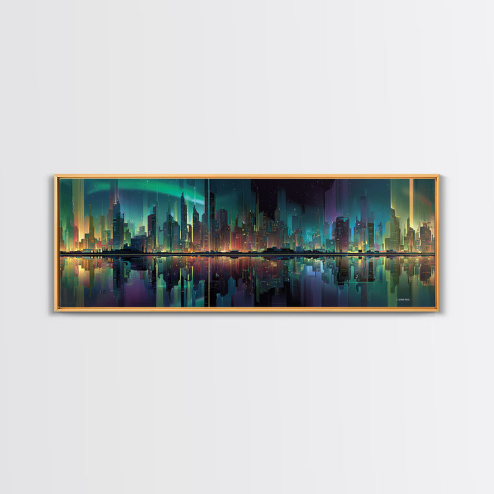 Monochrome City Skyline Reflected Framed Canvas Print, Black and White Art, Art Print, Living Room Decor, Fine Art, Monochrome, BAW-3x1-51