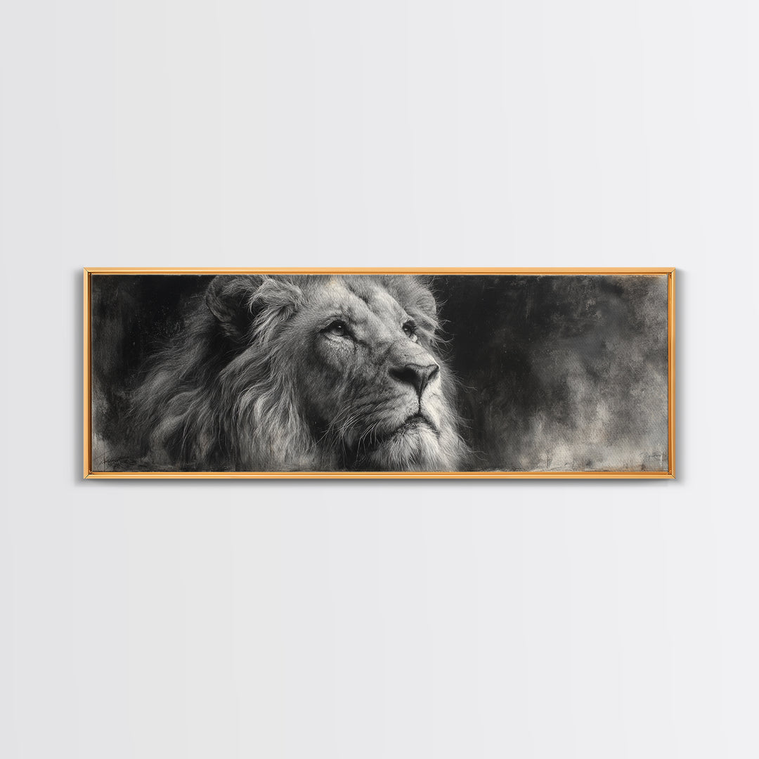 Dramatic Black and White Lion Portrait Framed Canvas Print, Black and White Art, Cabin Decor, Living Room Decor, Monochrome, BAW-3x1-57