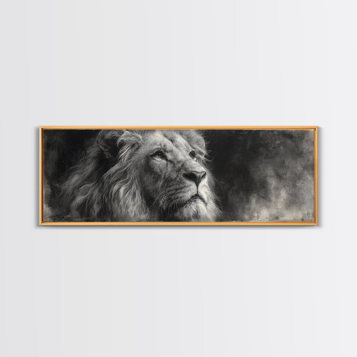Dramatic Black and White Lion Portrait Framed Canvas Print, Black and White Art, Cabin Decor, Living Room Decor, Monochrome, BAW-3x1-57