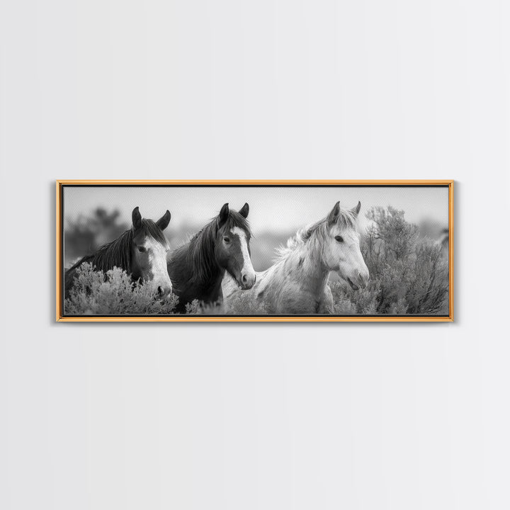 Black and White Wild Horse Portrait Framed Canvas Print, Black and White Art, Gallery Decor, Living Room Decor, Monochrome, BAW-3x1-69