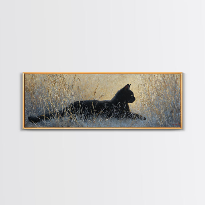 Black Cat Silhouette Canvas Print, Black and White Art, Digital Prints, Living Room Decor, Fine Art, Monochrome, Wood Wall Art, BAW-3x1-80