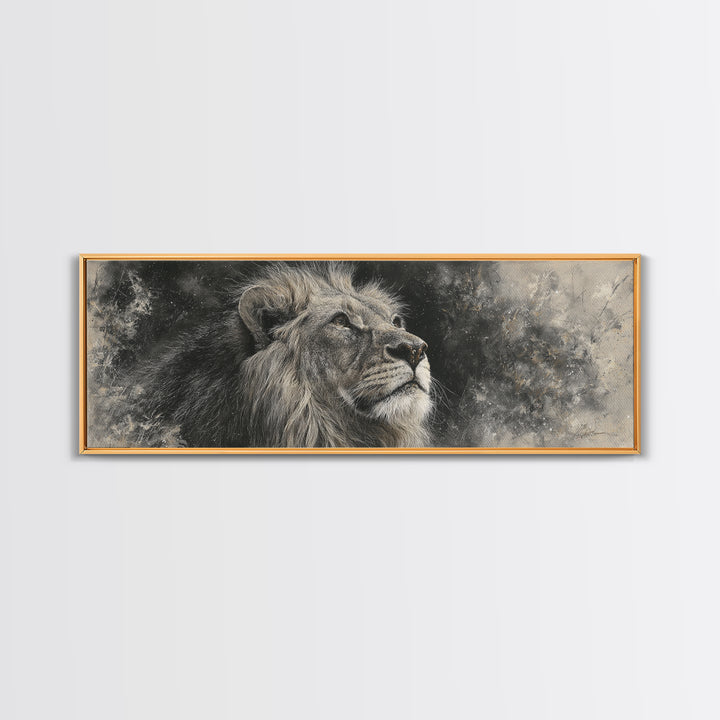 Dramatic Black and White Lion Portrait Framed Canvas Print, Black and White Art, Cabin Decor, Living Room Decor, Monochrome, BAW-3x1-81