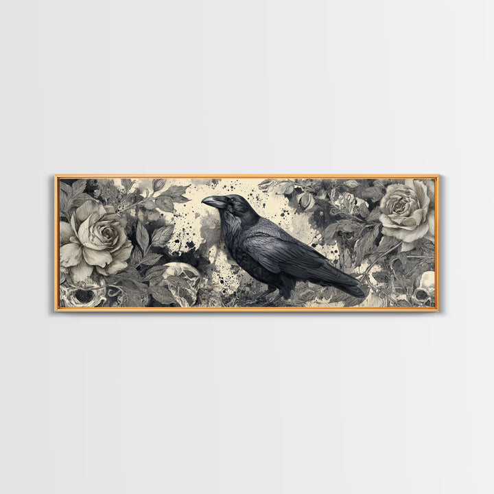 Ink Splatter Raven Composition Framed Canvas Print, Black and White Art, Halloween Decor, Living Room Decor, Monochrome, BAW-3x1-84