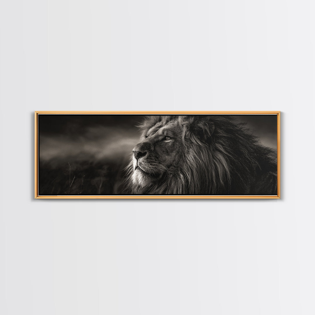 Dramatic Black and White Lion Portrait Framed Canvas Print, Black and White Art, Wood Wall Art, Living Room Decor, Monochrome, BAW-3x1-9