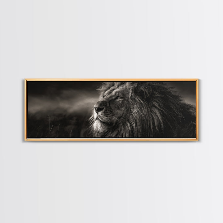 Dramatic Black and White Lion Portrait Framed Canvas Print, Black and White Art, Wood Wall Art, Living Room Decor, Monochrome, BAW-3x1-9