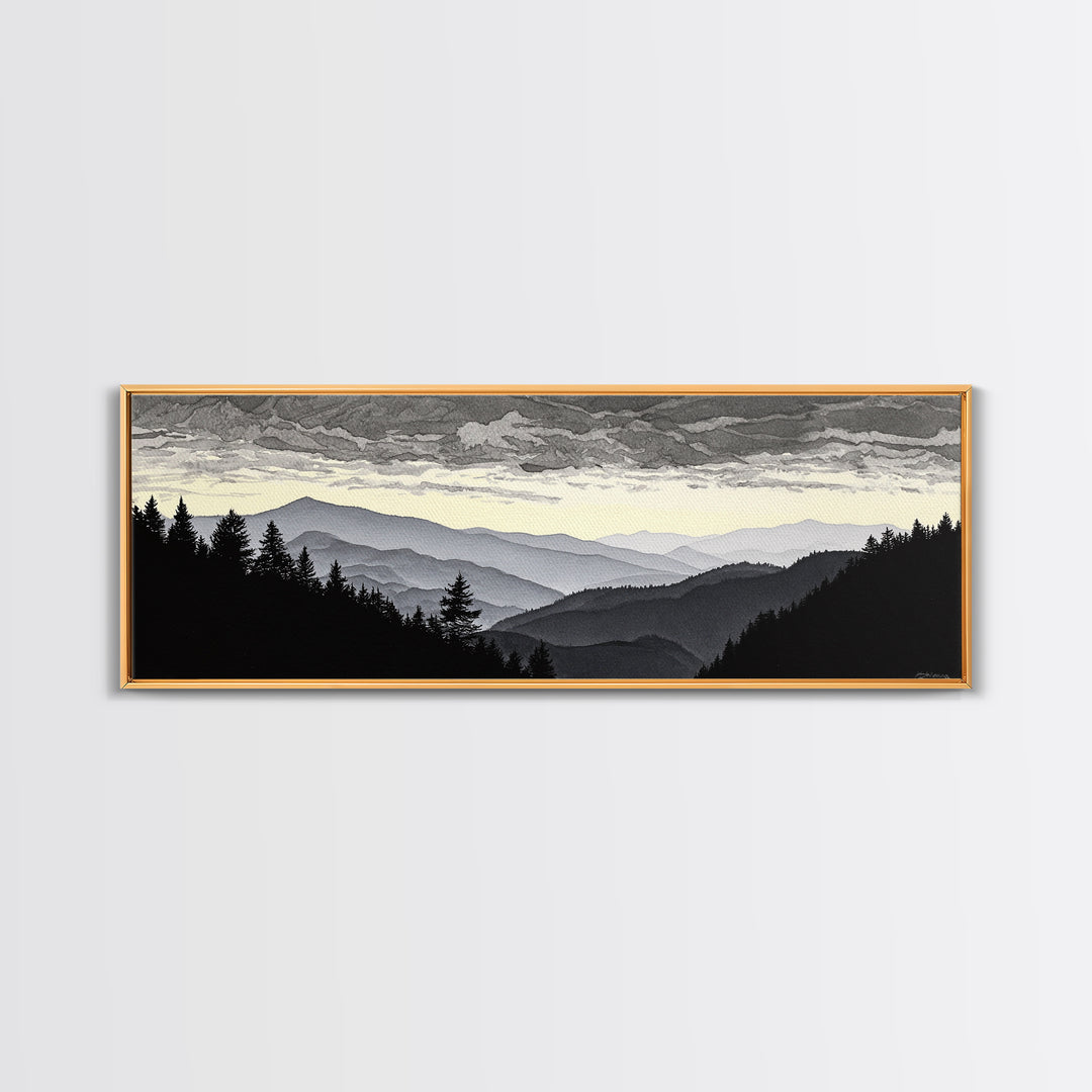 Black Ink Mountain Range Framed Canvas Print, Black and White Art, Photography Prints, Living Room Decor, Watercolor Art, BAW-3x1-90