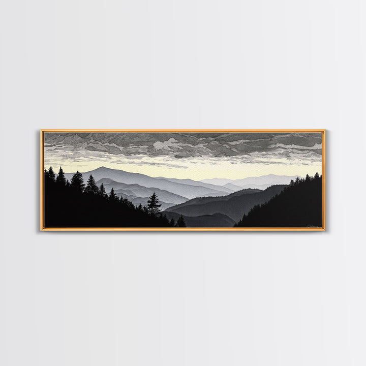 Black Ink Mountain Range Framed Canvas Print, Black and White Art, Photography Prints, Living Room Decor, Watercolor Art, BAW-3x1-90