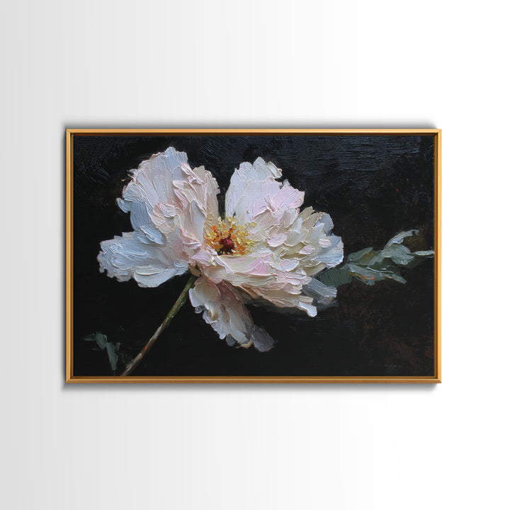 White Flower on Deep Black Background Canvas Print, Black and White Art, Living Room Wall Art, Living Room Decor, Monochrome, BAW-3x2-16
