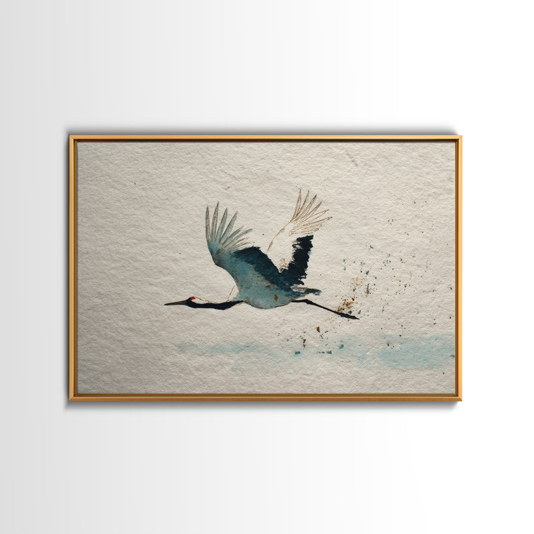 Black Ink Crane Flying Across Empty Sky Canvas Print, Black and White Art, Retro Wall Art, Living Room Decor, Monochrome, BAW-3x2-17