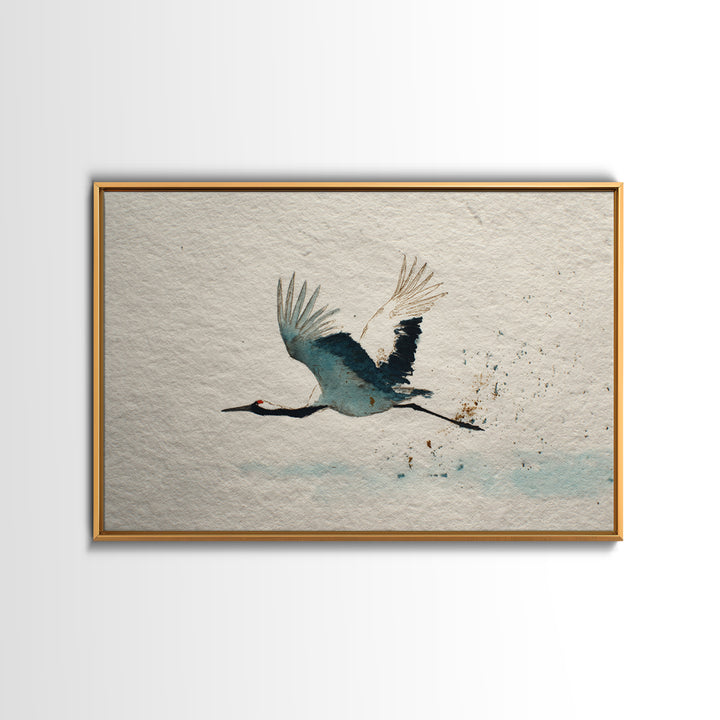 Black Ink Crane Flying Across Empty Sky Canvas Print, Black and White Art, Retro Wall Art, Living Room Decor, Monochrome, BAW-3x2-17