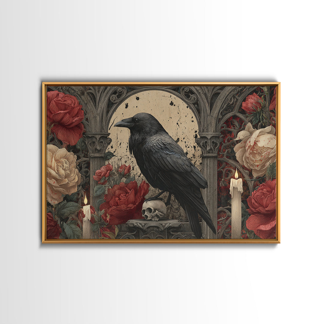 Ink Splatter Raven Composition Framed Canvas Print, Black and White Art, Photography Prints, Living Room Decor, Monochrome, BAW-3x2-24