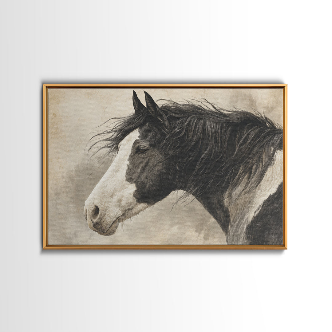 Black and White Wild Horse Portrait Canvas Print, Black and White Art, Cabin Decor, Living Room Decor, Fine Art, Monochrome, BAW-3x2-33