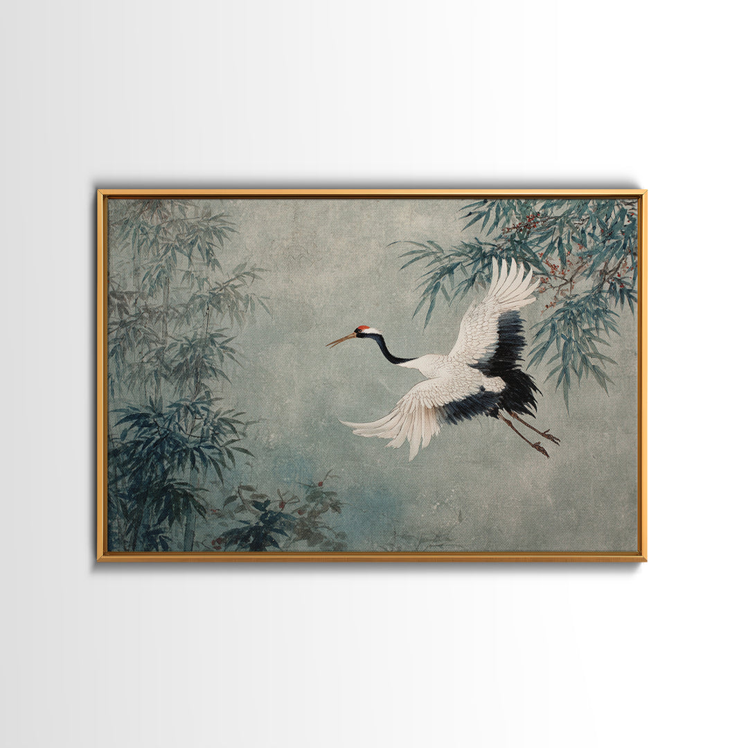 Black Ink Crane Flying Across Empty Sky Canvas Print, Black and White Art, Photo Prints, Living Room Decor, Monochrome, BAW-3x2-41