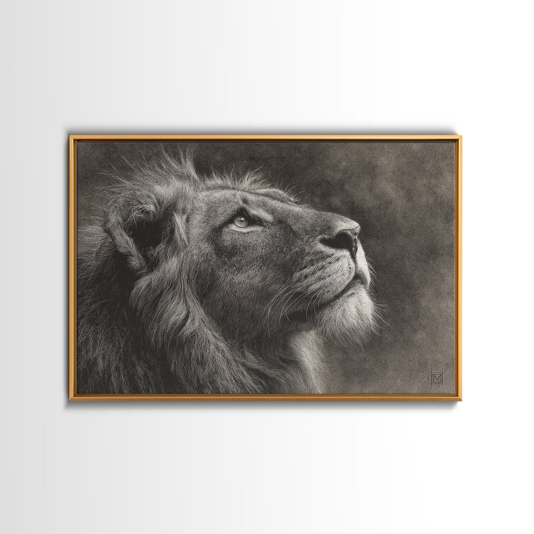 Dramatic Black and White Lion Portrait Framed Canvas Print, Black and White Art, Gallery Decor, Living Room Decor, Monochrome, BAW-3x2-45