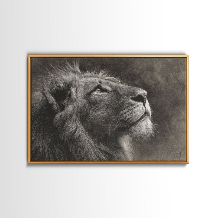 Dramatic Black and White Lion Portrait Framed Canvas Print, Black and White Art, Gallery Decor, Living Room Decor, Monochrome, BAW-3x2-45