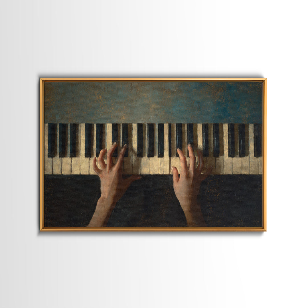 Piano Keys and Hands Framed Canvas Print, Black and White Art, Modern Wall Art, Living Room Decor, Oil Painting, Monochrome, BAW-3x2-50