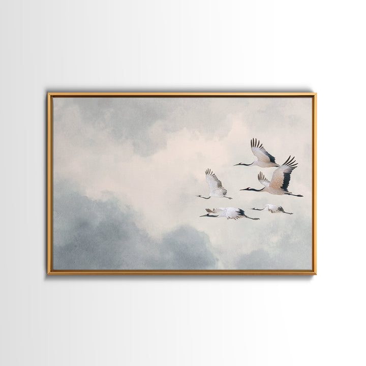 Black Ink Crane Flying Across Empty Sky Canvas Print, Black and White Art, Photo Prints, Living Room Decor, Monochrome, BAW-3x2-65