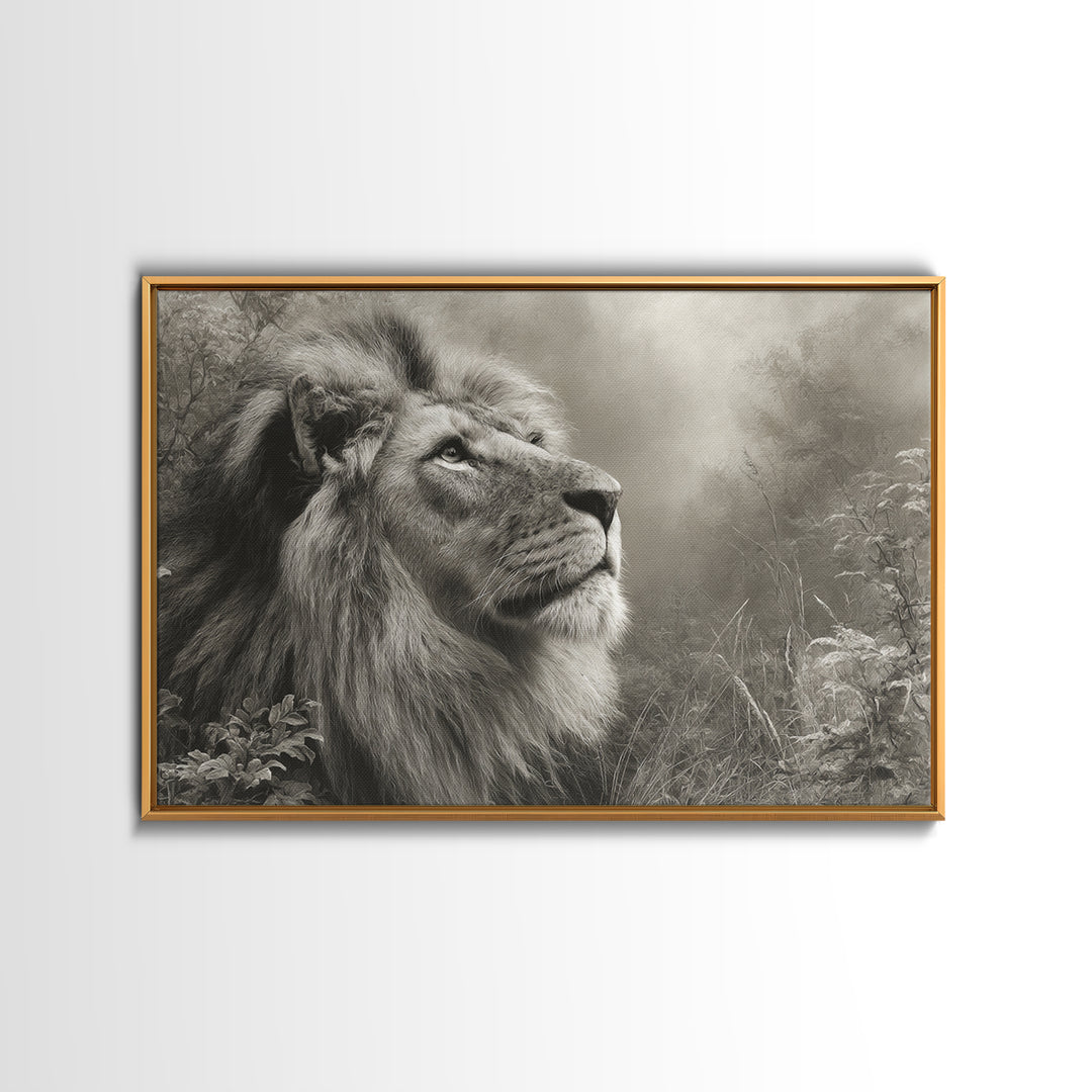Dramatic Black and White Lion Portrait Framed Canvas Print, Black and White Art, Gallery Decor, Living Room Decor, Monochrome, BAW-3x2-69