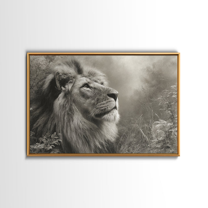 Dramatic Black and White Lion Portrait Framed Canvas Print, Black and White Art, Gallery Decor, Living Room Decor, Monochrome, BAW-3x2-69