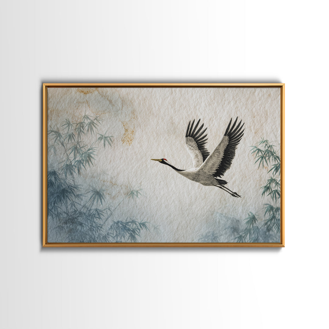Black Ink Crane Flying Across Empty Sky Canvas Print, Black and White Art, Boho Decor, Living Room Decor, Oil Painting, BAW-3x2-89