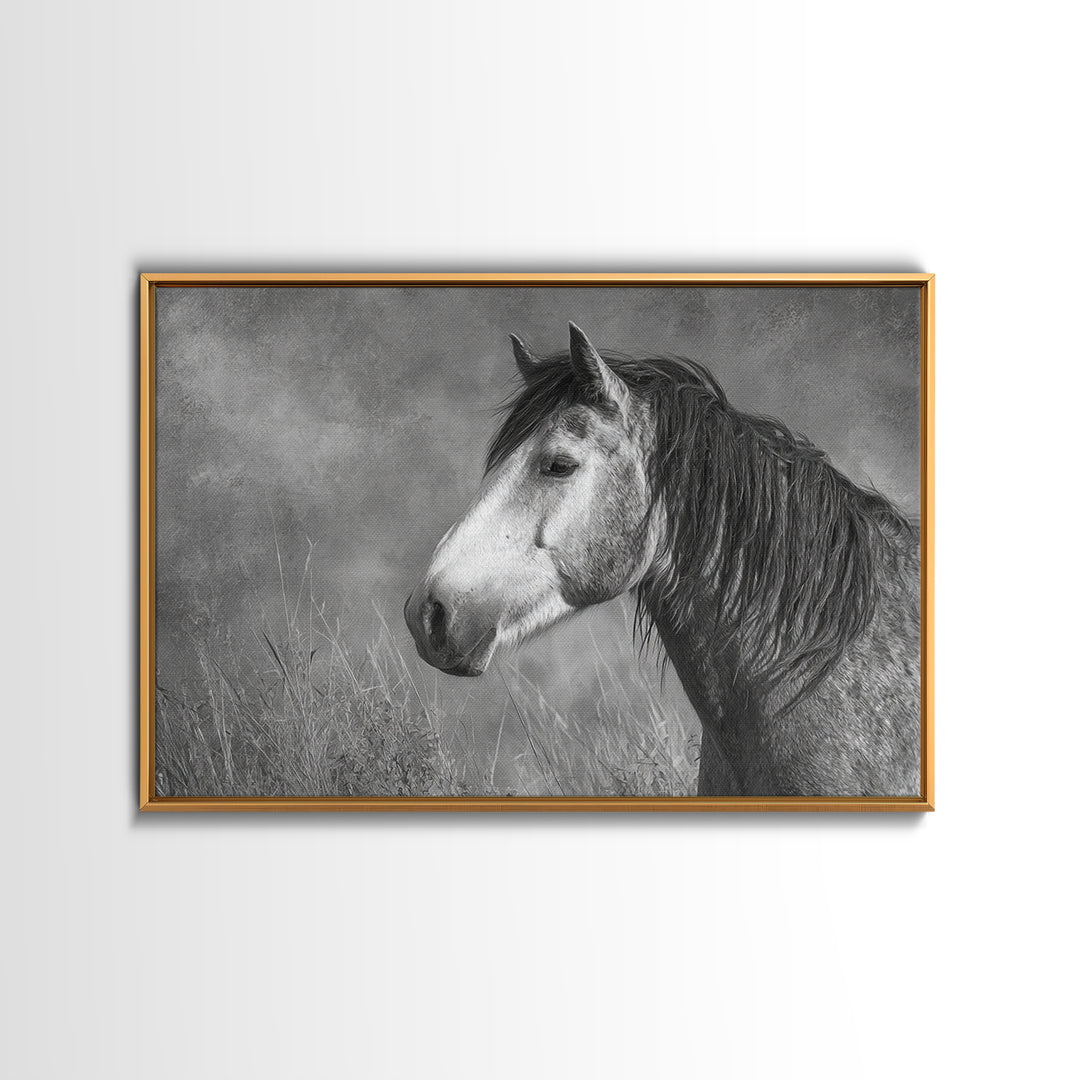 Black and White Wild Horse Portrait Framed Canvas Print, Black and White Art, Canvas Print, Living Room Decor, Monochrome, BAW-3x2-9