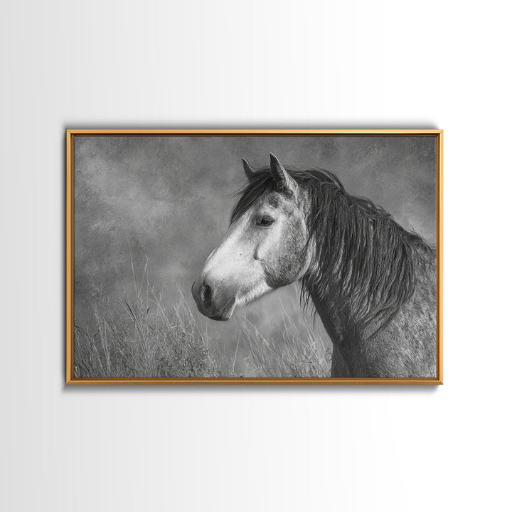 Black and White Wild Horse Portrait Framed Canvas Print, Black and White Art, Canvas Print, Living Room Decor, Monochrome, BAW-3x2-9