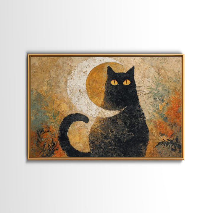 Black Cat Silhouette Framed Canvas Print, Black and White Art, Digital Prints, Living Room Decor, Fine Art, Monochrome, BAW-3x2-92