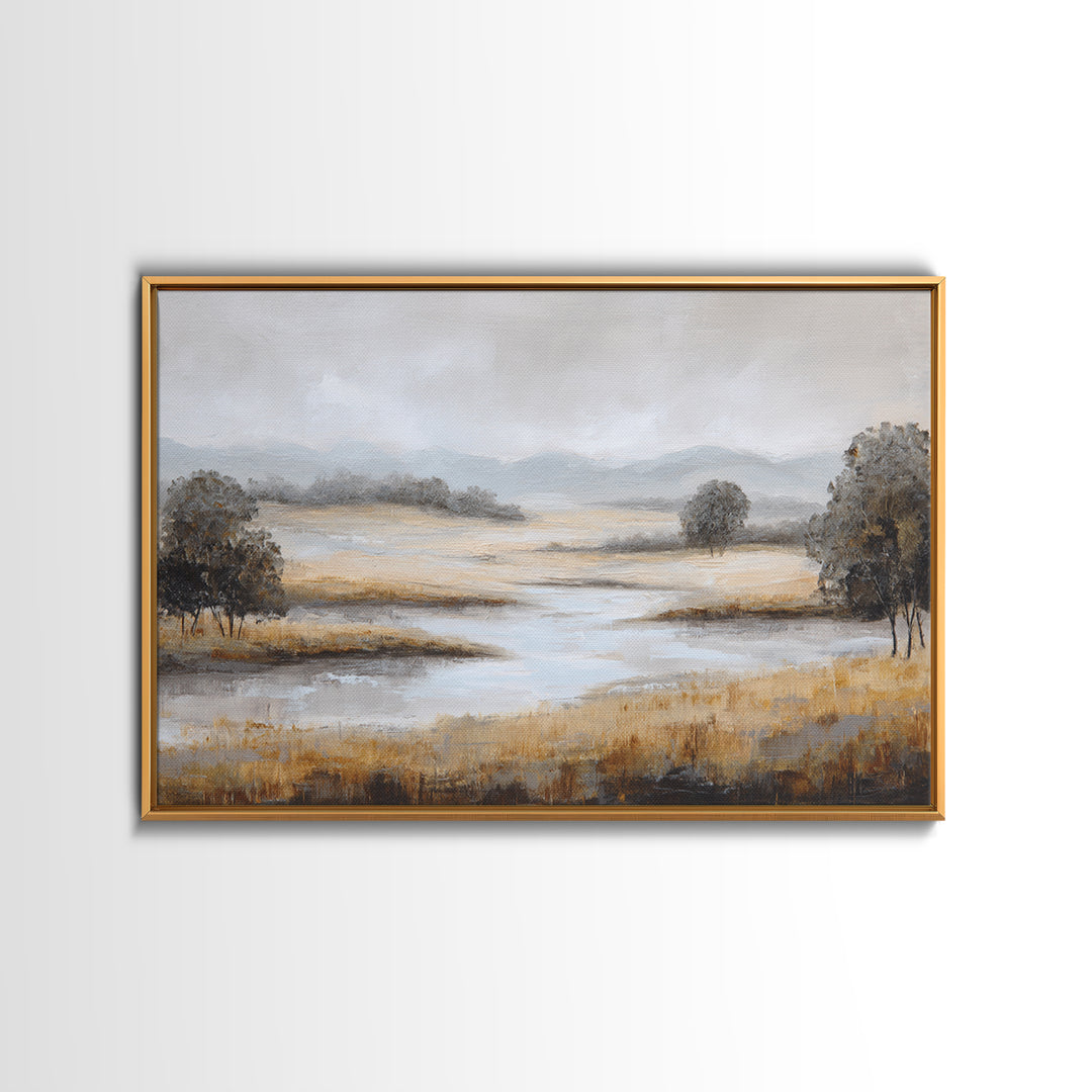 Misty Bridge Landscape Framed Canvas Print, Black and White Art, Printable, Living Room Decor, Monochrome, Retro Wall Art, BAW-3x2-95