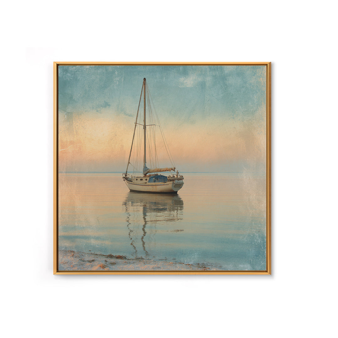 Sunset Sailboat Silhouette on Calm Water Canvas Print, Beach Art, Modern Art, Coastal Decor, Oil Painting, Shore, Luxury Decor, BEA-1x1-30