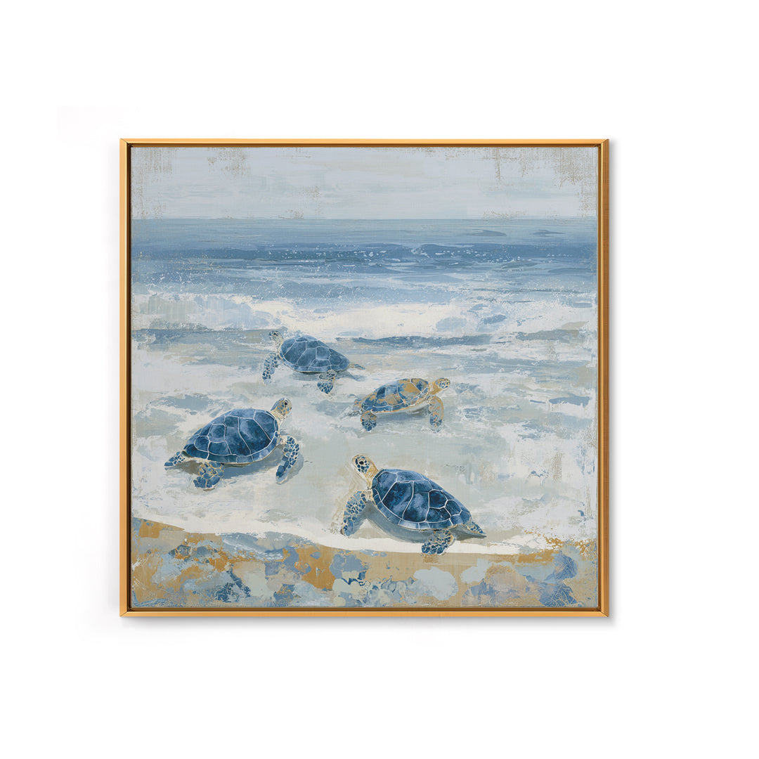 Family of Sea Turtles Crossing Moonlit Sand Framed Canvas Print, Beach Art, Coastal Art, Coastal Decor, Fine Art, Shore, BEA-1x1-38