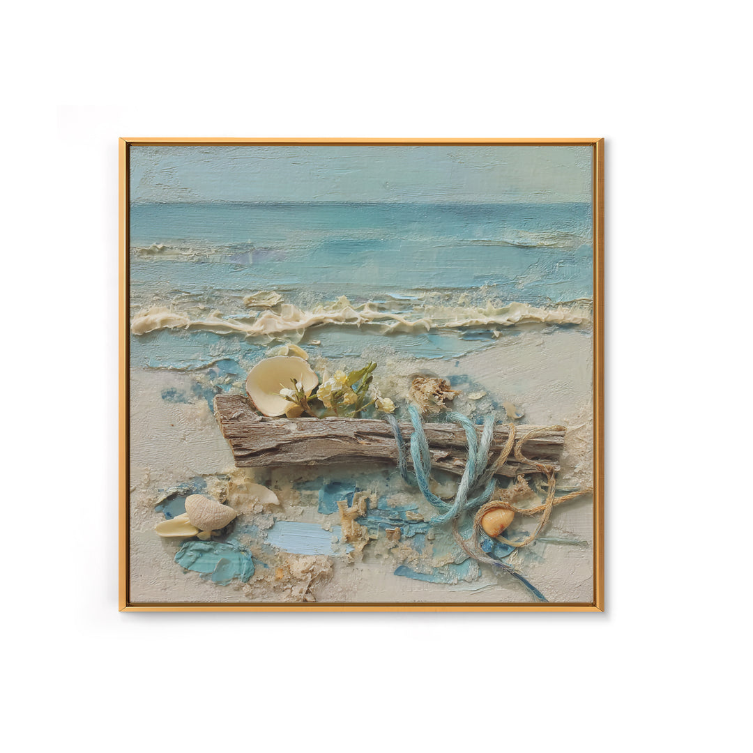 Driftwood and Wildflowers on Sand Framed Canvas Print, Beach Art, Coastal Decor, Oil Painting, Shore, Boho Decor, BEA-1x1-46