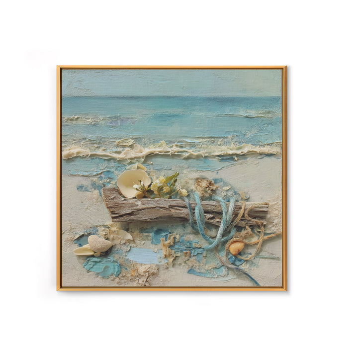 Driftwood and Wildflowers on Sand Framed Canvas Print, Beach Art, Coastal Decor, Oil Painting, Shore, Boho Decor, BEA-1x1-46