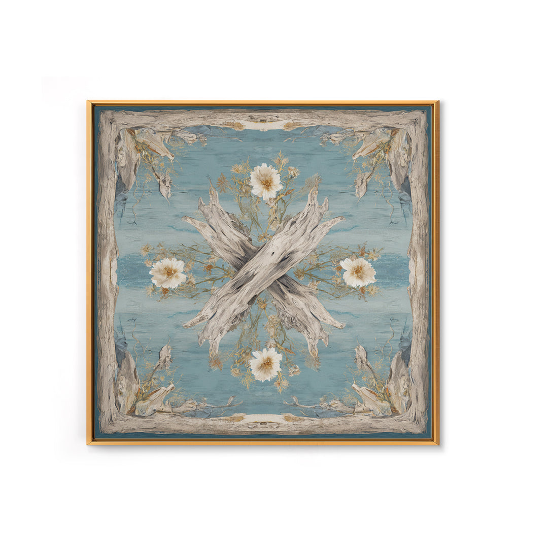 Driftwood and Wildflowers on Sand Framed Canvas Print, Beach Art, Coastal Decor, Oil Painting, Shore, Boho Decor, BEA-1x1-70