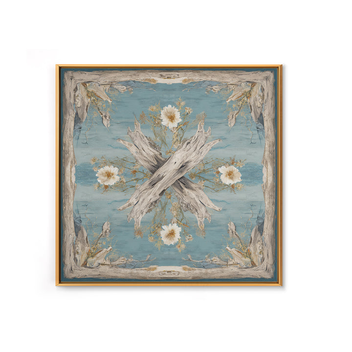 Driftwood and Wildflowers on Sand Framed Canvas Print, Beach Art, Coastal Decor, Oil Painting, Shore, Boho Decor, BEA-1x1-70