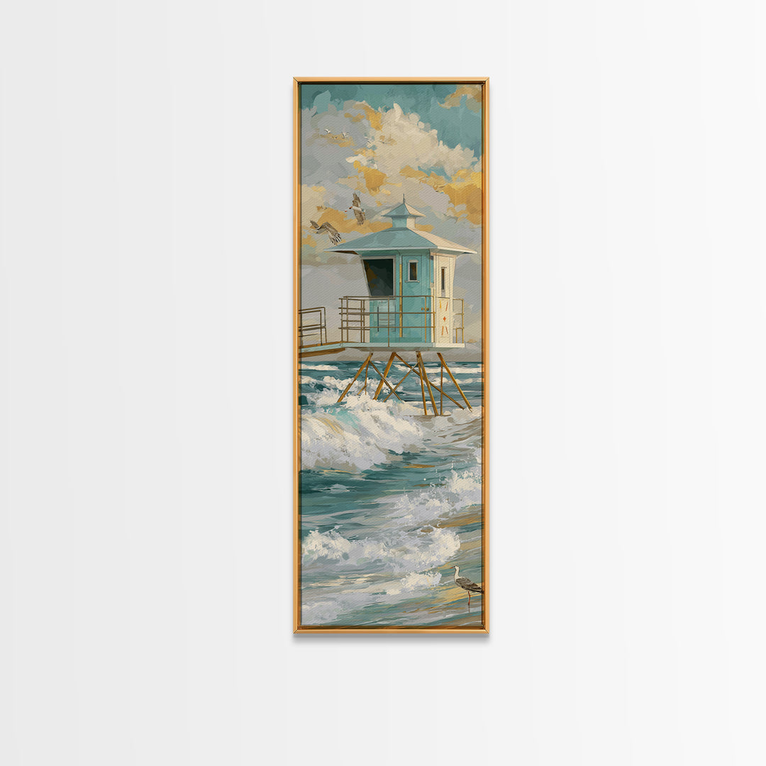 Quiet Lifeguard Tower at Golden Hour Framed Canvas Print, Beach Art, Coastal Decor, Abstract Art, Shore, Printable Art, BEA-1x3-15