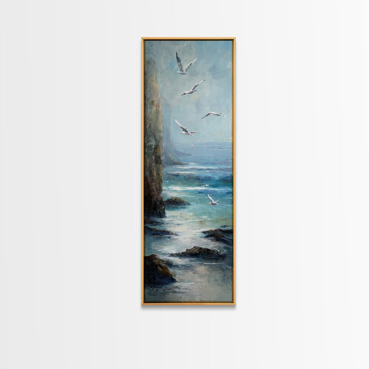 Coastal Cliffs with Gulls and Sea Spray Framed Canvas Print, Beach Art, Digital Wall Art, Coastal Decor, Fine Art, Shore, BEA-1x3-47