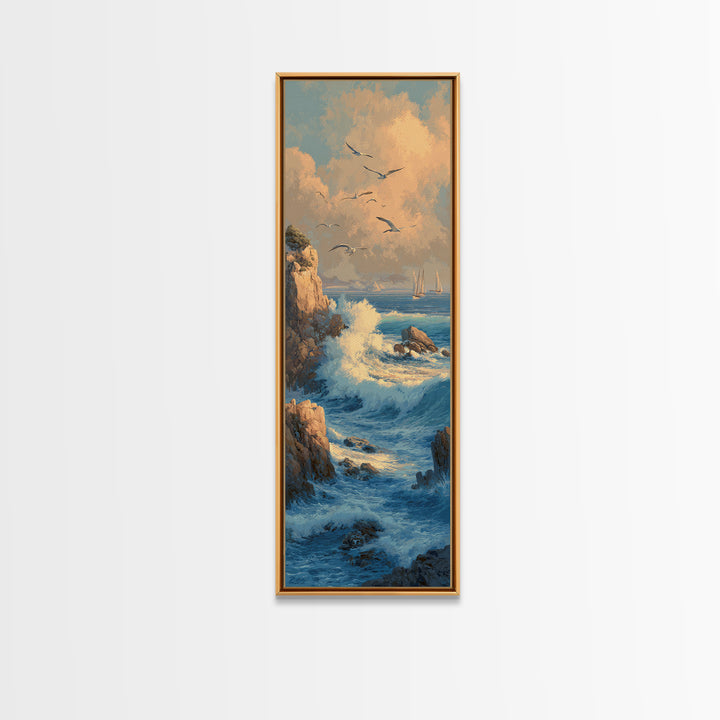 Coastal Cliffs with Gulls and Sea Spray Framed Canvas Print, Beach Art, Nautical Decor, Coastal Decor, Fine Art, Shore, BEA-1x3-71