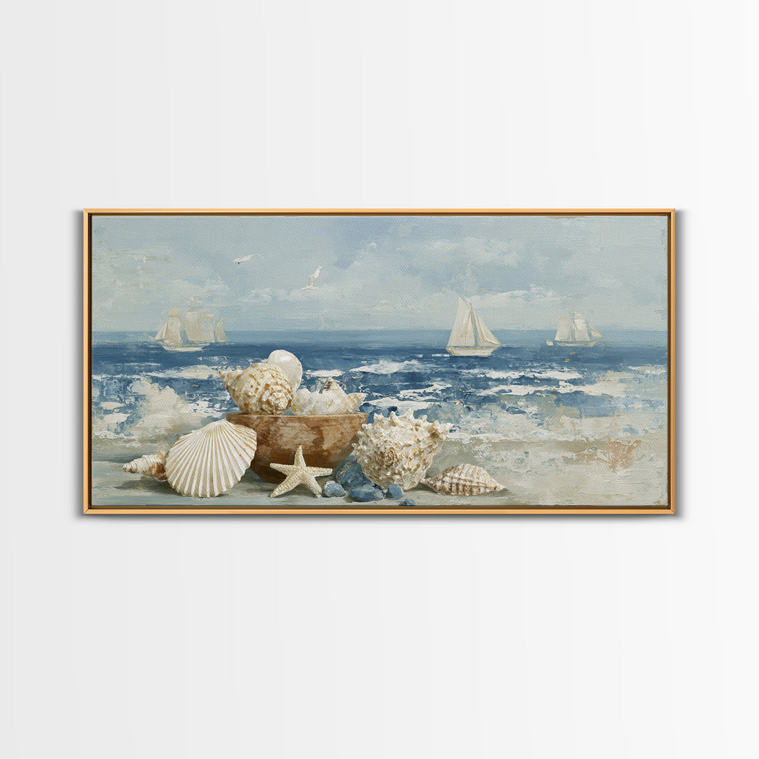 Nautical Rope and Shell Still Life Framed Canvas Print, Beach Art, Minimalist Decor, Coastal Decor, Shore, Original Art, BEA-2x1-13