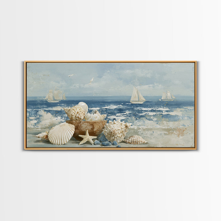 Nautical Rope and Shell Still Life Framed Canvas Print, Beach Art, Minimalist Decor, Coastal Decor, Shore, Original Art, BEA-2x1-13