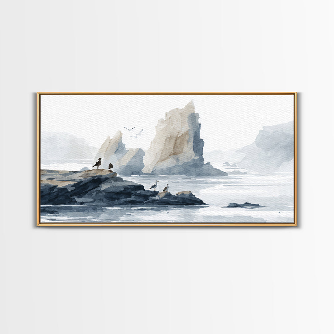 Coastal Cliffs with Gulls and Sea Spray Framed Canvas Print, Beach Art, Art, Coastal Decor, Fine Art, Shore, Abstract Wall Art, BEA-2x1-7