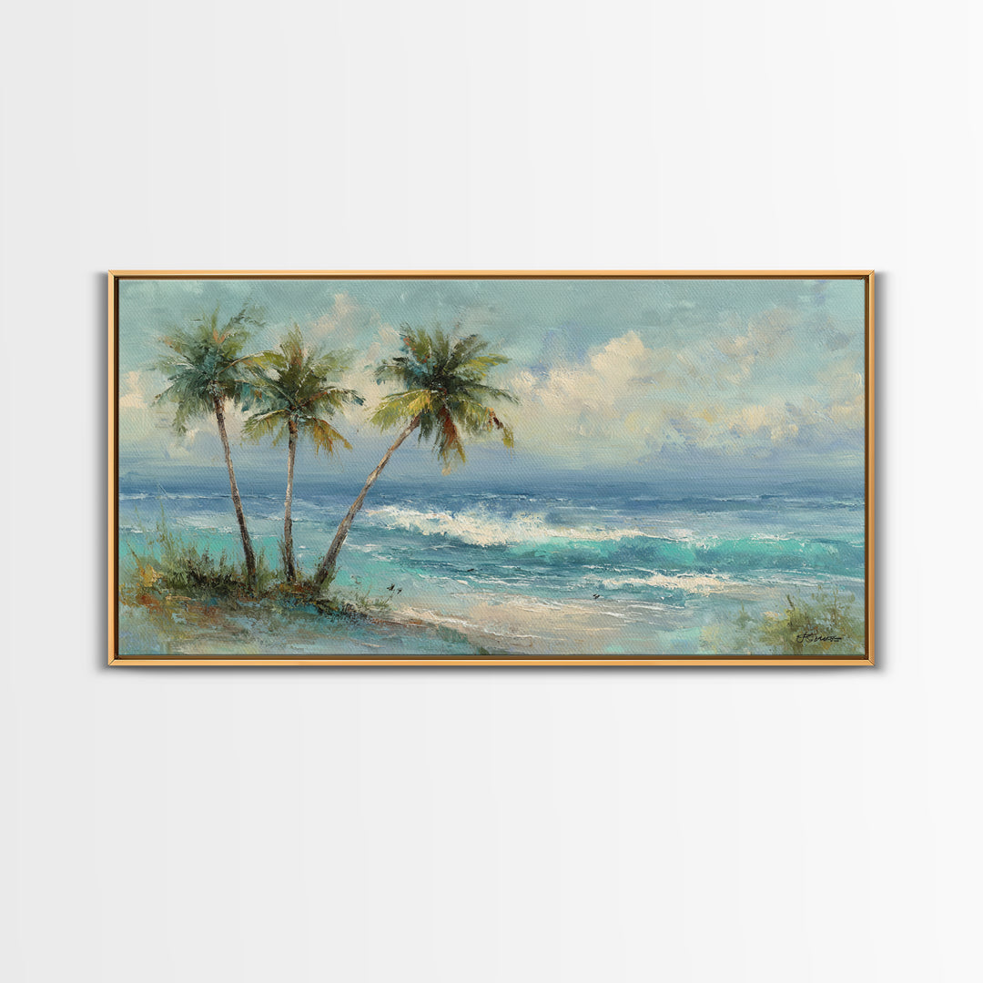 Tropical Palms Leaning Framed Canvas Print, Beach Art, Boho Decor, Coastal Decor, Fine Art, Shore, Art Prints, Digital Art, BEA-2x1-75